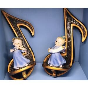 FLAWS READ - Vintage Lefton Angel Figurines Set On Chalkware Music Notes
